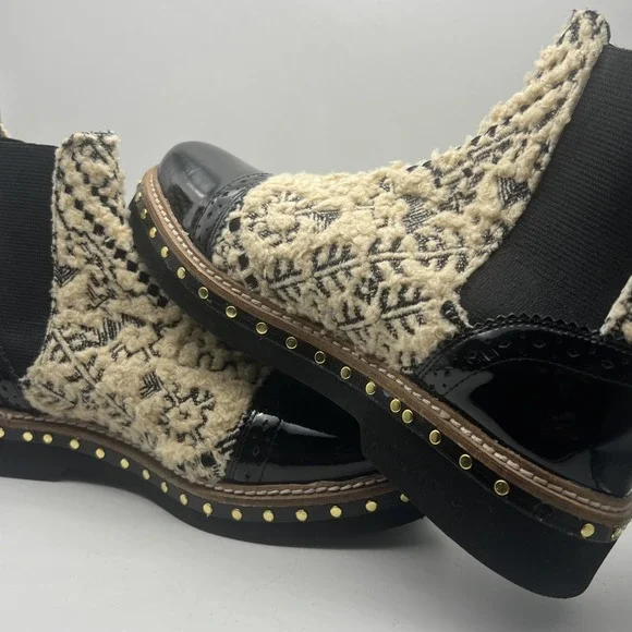 Free People Leather and Atlas Textile Chelsea Boots Size 37 Beige Black Boho - Picture 10 of 10